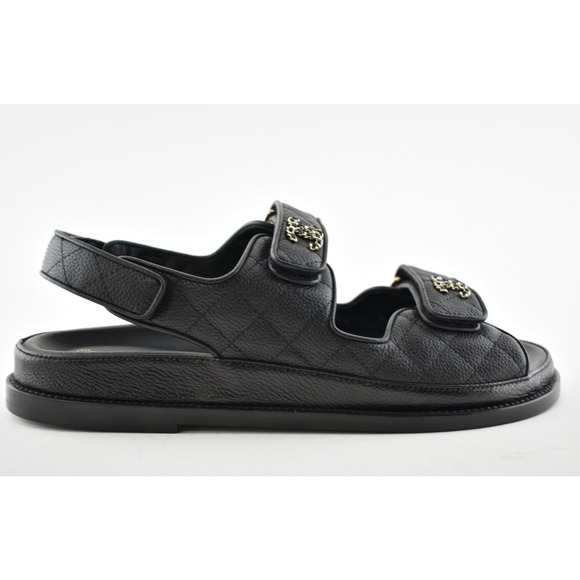 Chanel REV Black Caviar Gold CC Logo Mule Slide Strap Flat Teva Dad Sandal 36.5 - Picture 2 of 12